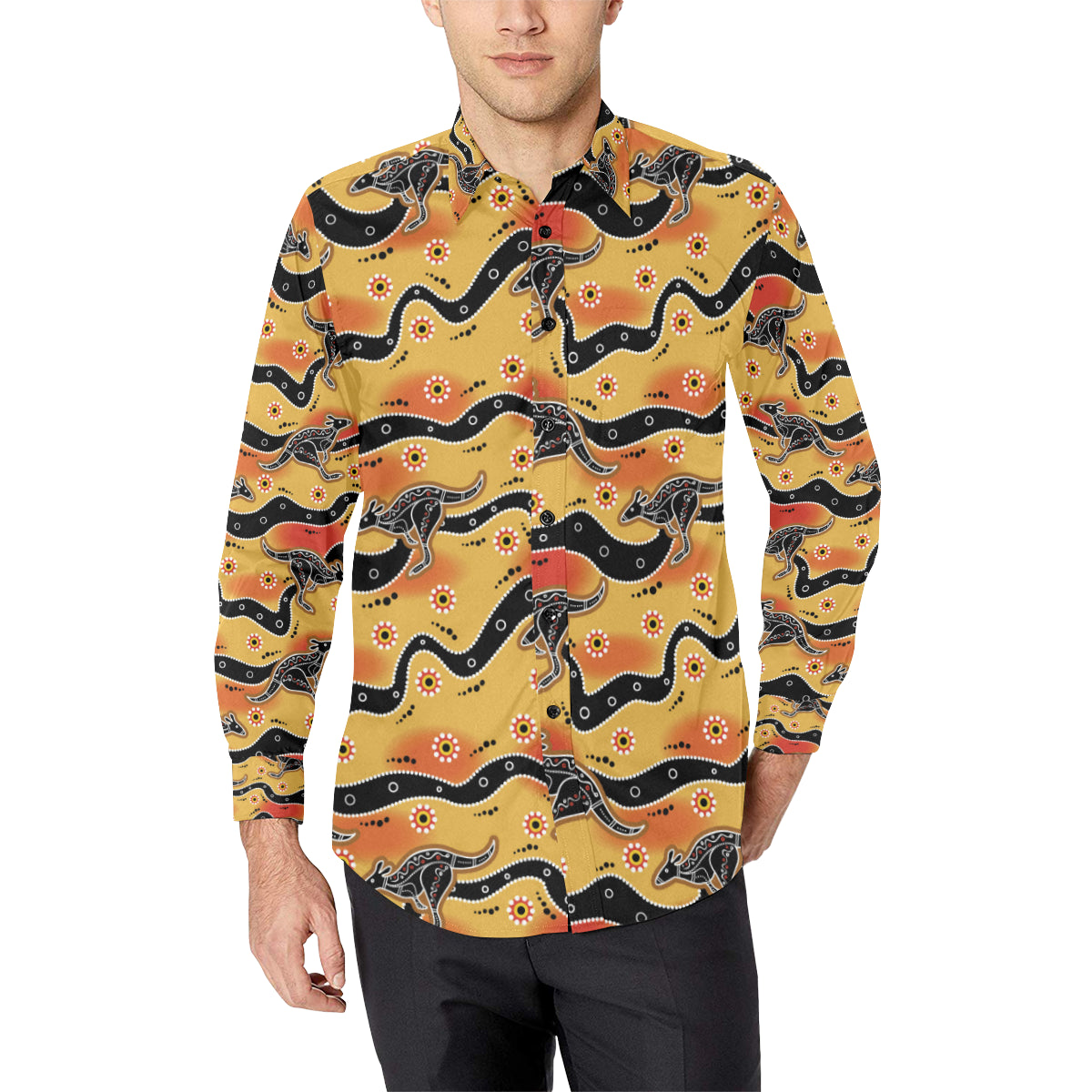 Kangaroos Aboriginal  Pattern Print Design 06 Men's Long Sleeve Shirt