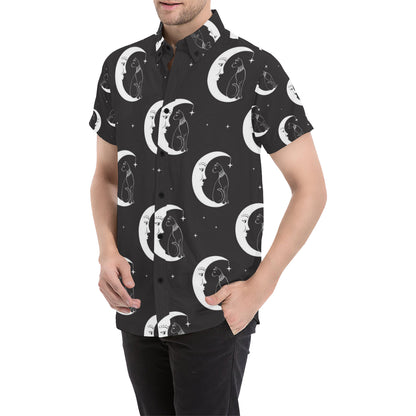Moon with Cat Pattern Print Design 04 Men's Short Sleeve Button Up Shirt