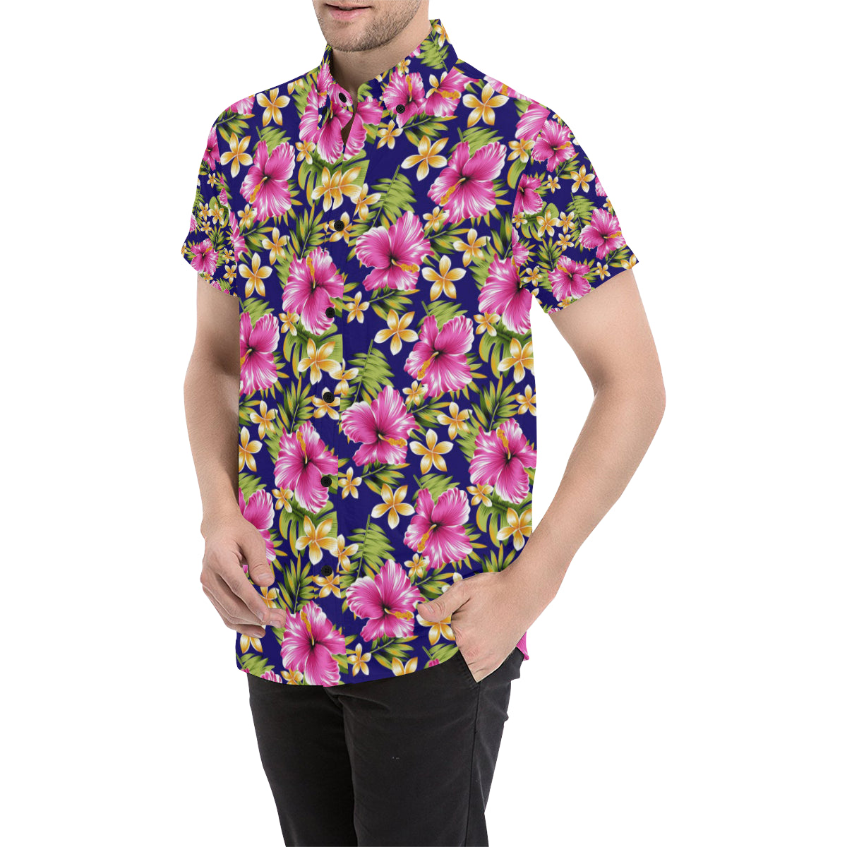 Pink Hibiscus Pattern Print Design HB027 Men's Short Sleeve Button Up Shirt
