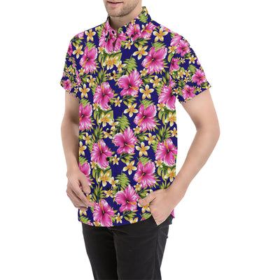 Pink Hibiscus Pattern Print Design HB027 Men's Short Sleeve Button Up Shirt