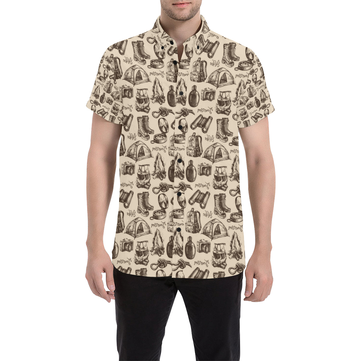 Camping Pattern Print Design 01 Men's Short Sleeve Button Up Shirt