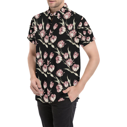 Tulip Pink Pattern Print Design TP02 Men's Short Sleeve Button Up Shirt