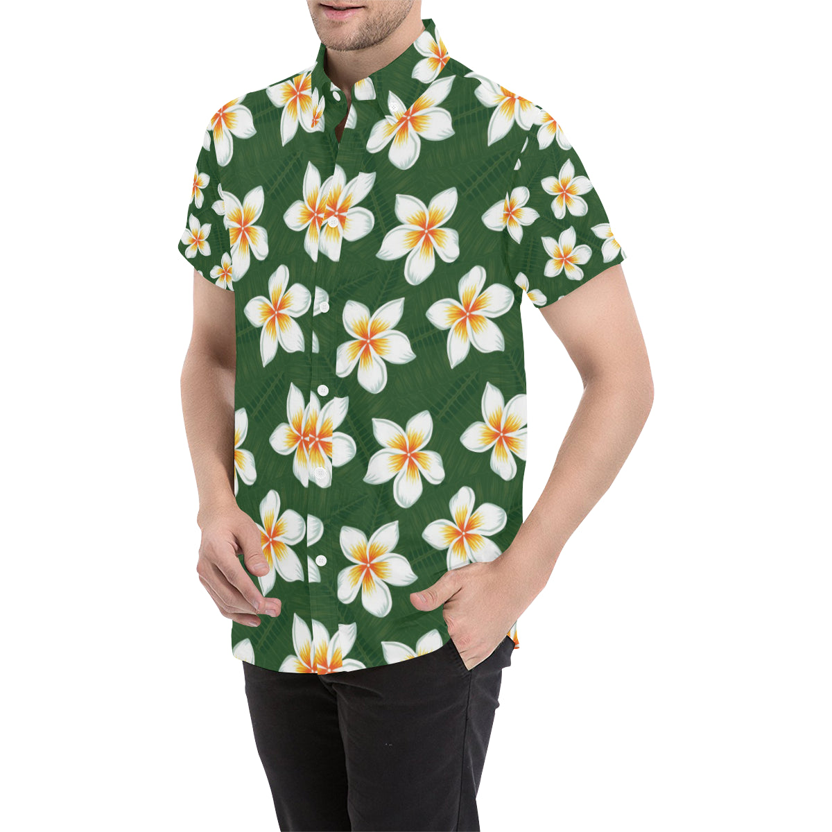 White Plumeria Pattern Print Design PM020 Men's Short Sleeve Button Up Shirt