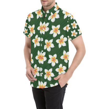 White Plumeria Pattern Print Design PM020 Men's Short Sleeve Button Up Shirt