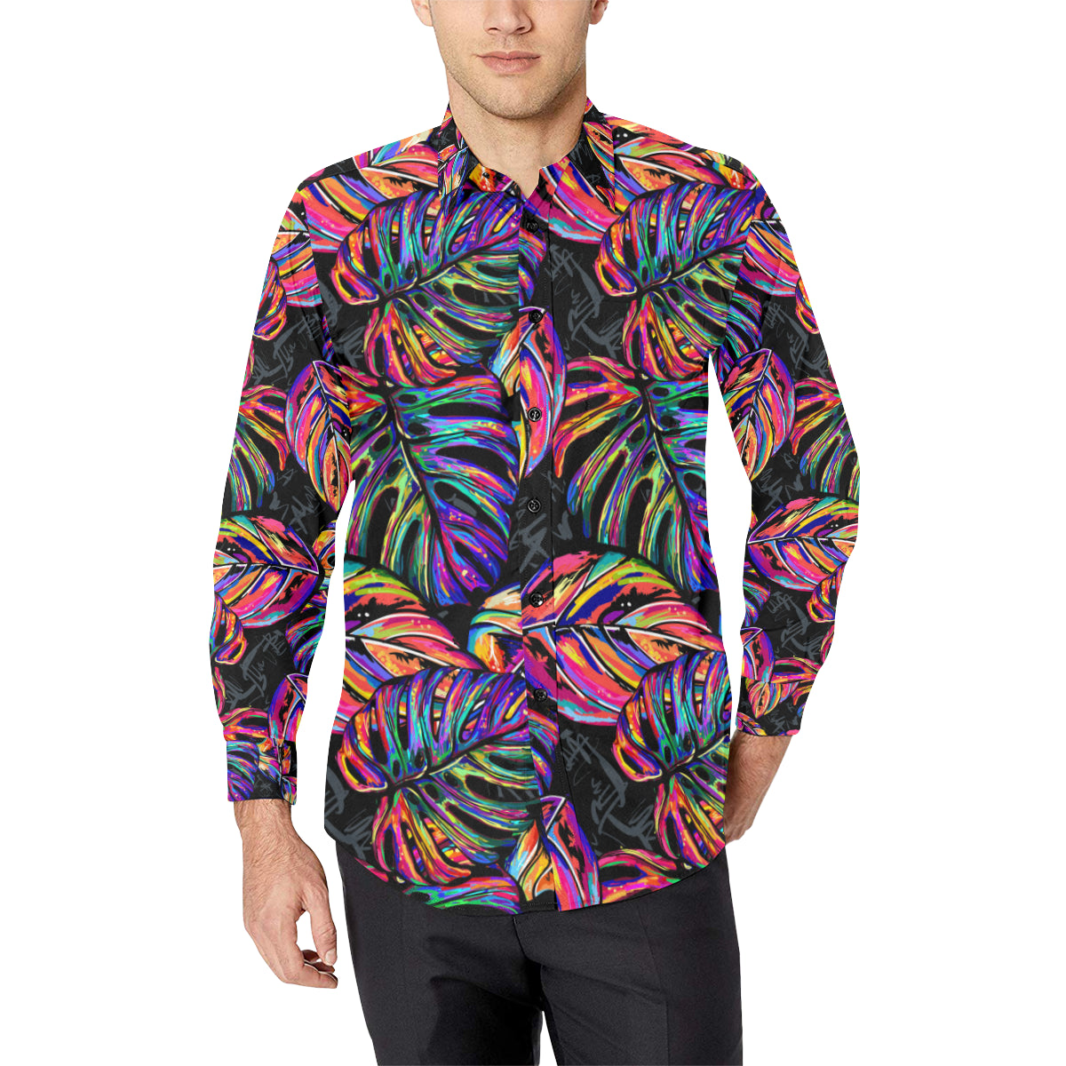 Neon Color Tropical Palm Leaves Men's Long Sleeve Shirt