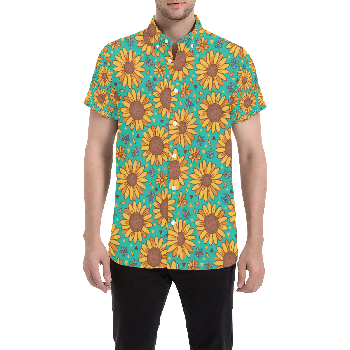 Sunflower Pattern Print Design SF013 Men's Short Sleeve Button Up Shirt