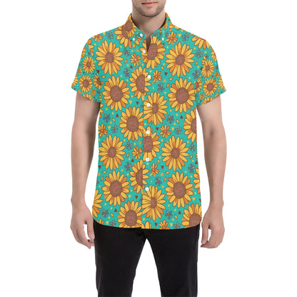 Sunflower Pattern Print Design SF013 Men's Short Sleeve Button Up Shirt