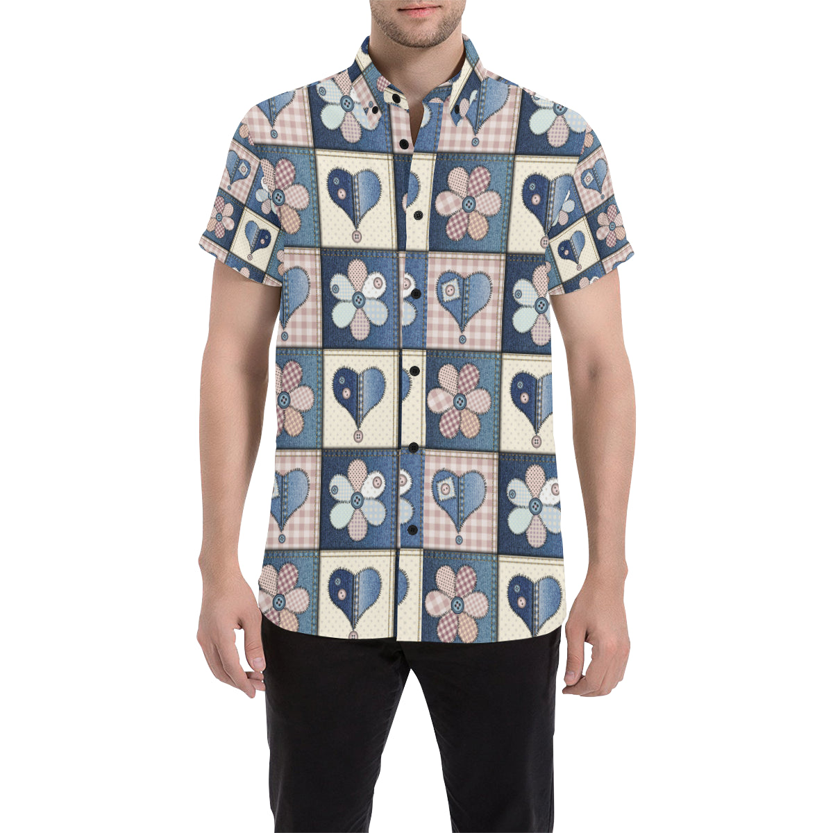 Patchwork Heart Flower Pattern Print Design 01 Men's Short Sleeve Button Up Shirt