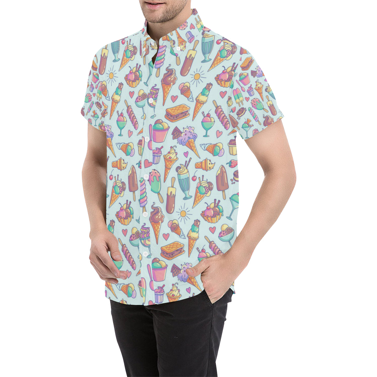 Ice Cream Pattern Print Design IC02 Men's Short Sleeve Button Up Shirt