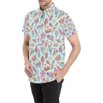 Ice Cream Pattern Print Design IC02 Men's Short Sleeve Button Up Shirt