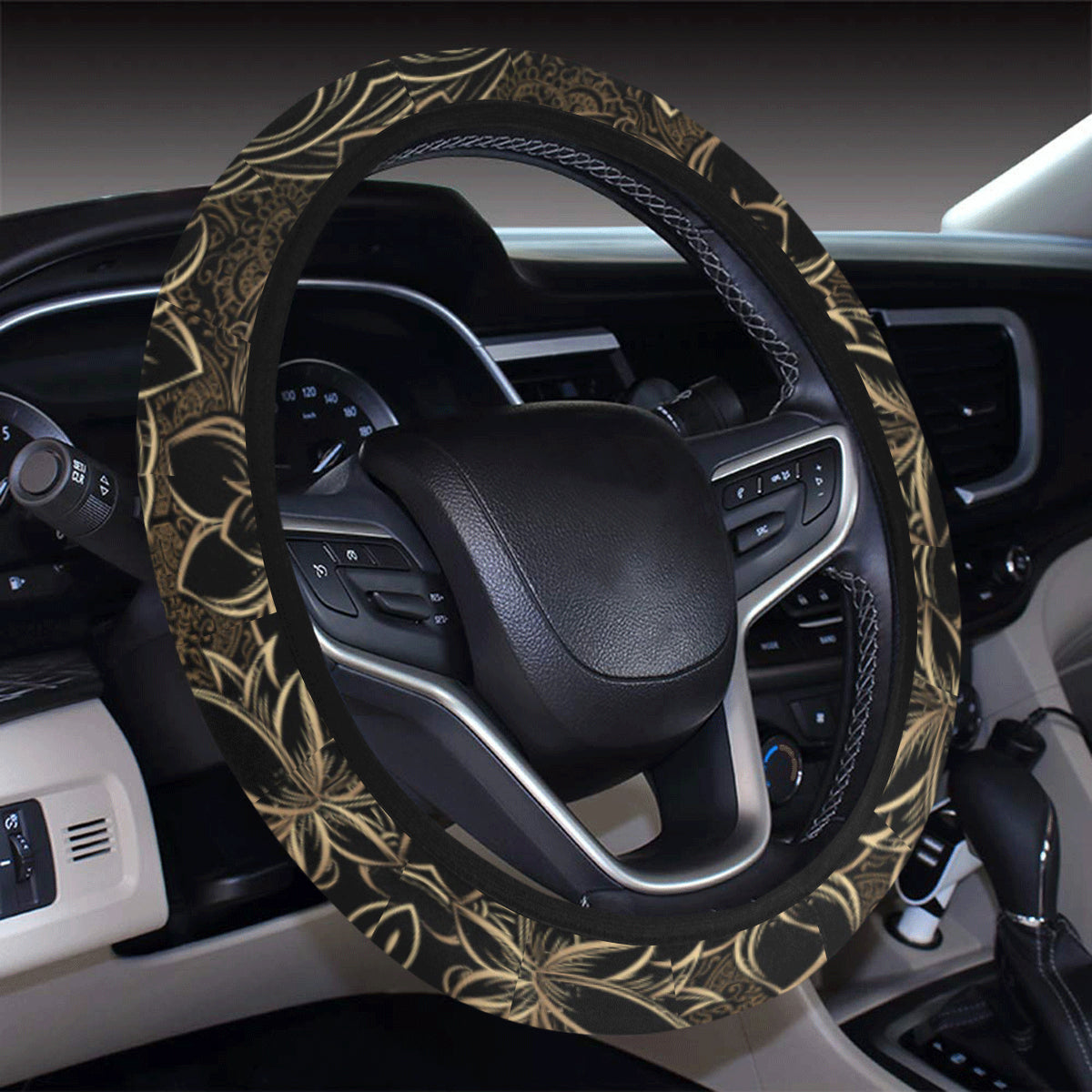 Lotus Gold Mandala Design Themed Steering Wheel Cover with Elastic Edge