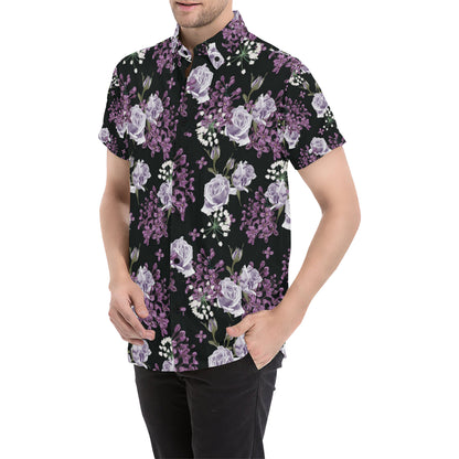 Lilac Pattern Print Design LI04 Men's Short Sleeve Button Up Shirt