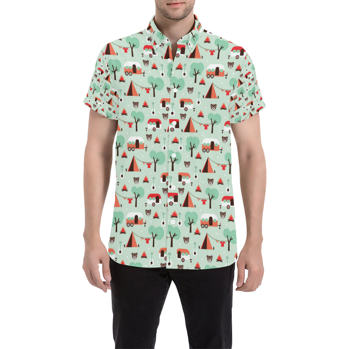 Camper Tent Pattern Print Design 01 Men's Short Sleeve Button Up Shirt