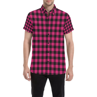 Pink Tartan Plaid Pattern Men's Short Sleeve Button Up Shirt