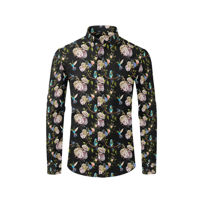 Hummingbird Flower Themed Print Men's Long Sleeve Shirt