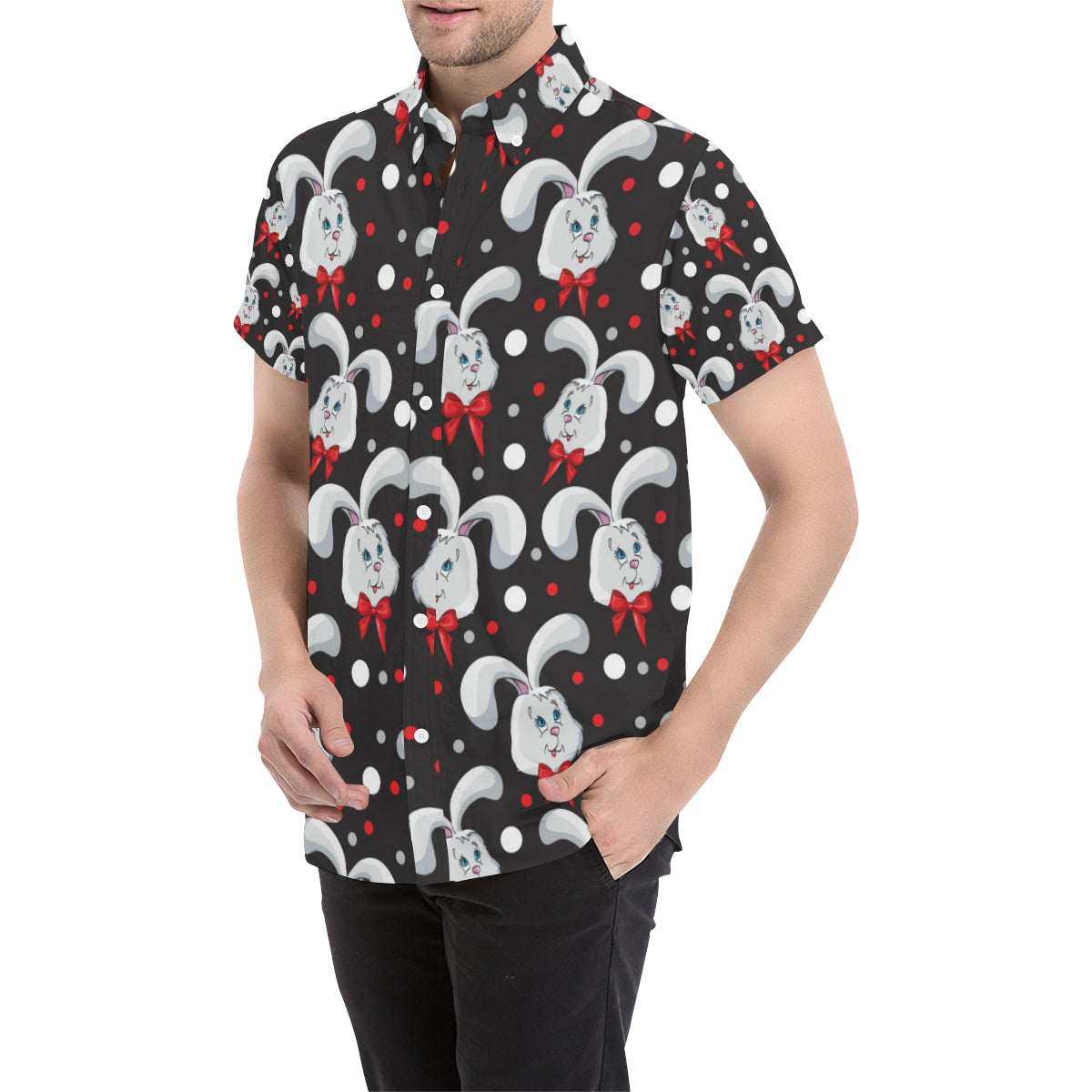 Rabbit Pattern Print Design RB012 Men's Short Sleeve Button Up Shirt