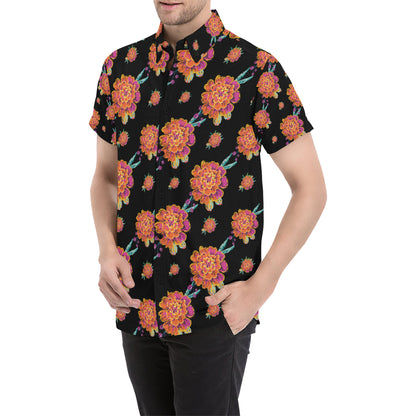 Marigold Pattern Print Design 01 Men's Short Sleeve Button Up Shirt