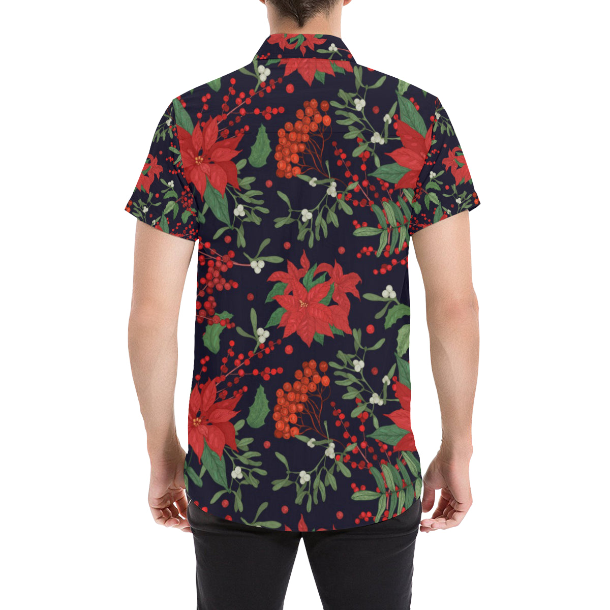 Poinsettia Pattern Print Design POT02 Men's Short Sleeve Button Up Shirt