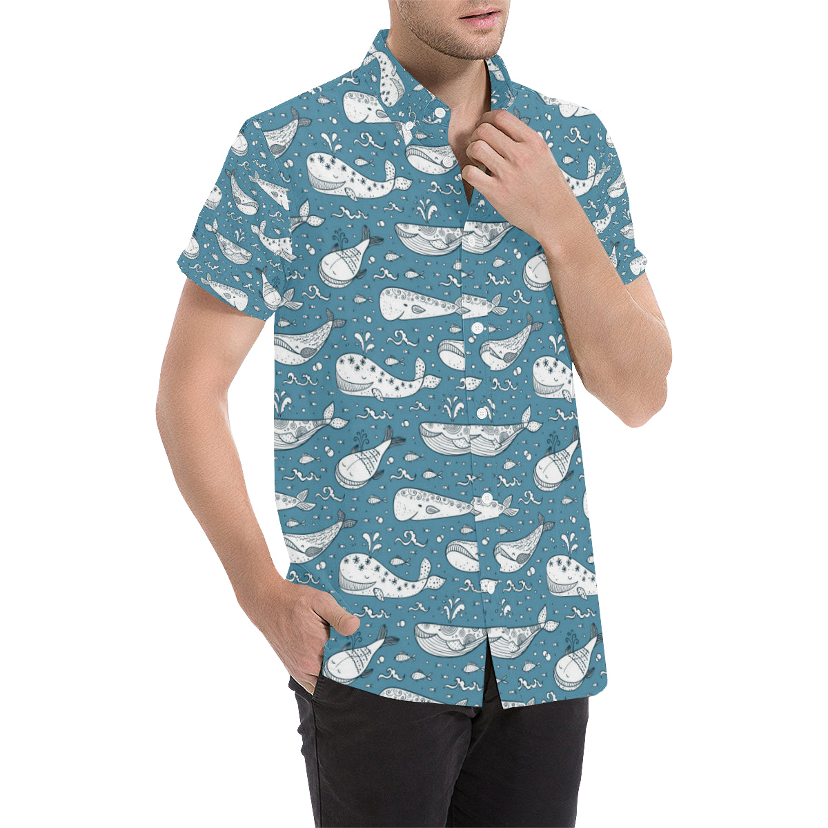 Humpback Whale Pattern Print Design 03 Men's Short Sleeve Button Up Shirt
