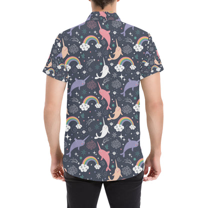 Narwhal Pattern Print Design 01 Men's Short Sleeve Button Up Shirt