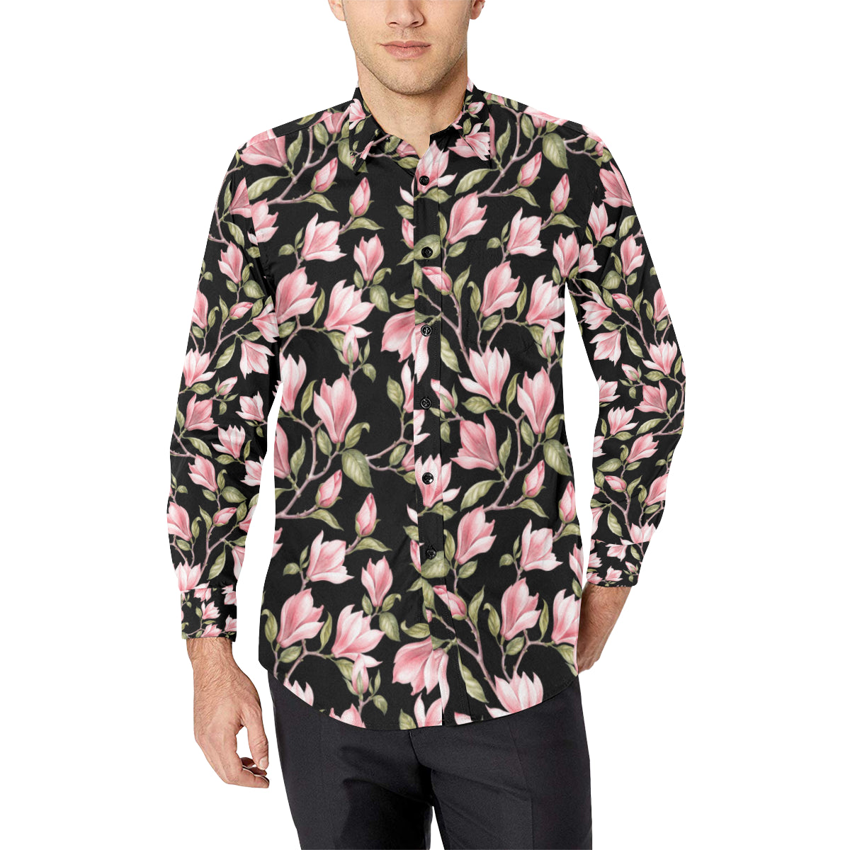 Magnolia Pattern Print Design MAG03 Men's Long Sleeve Shirt