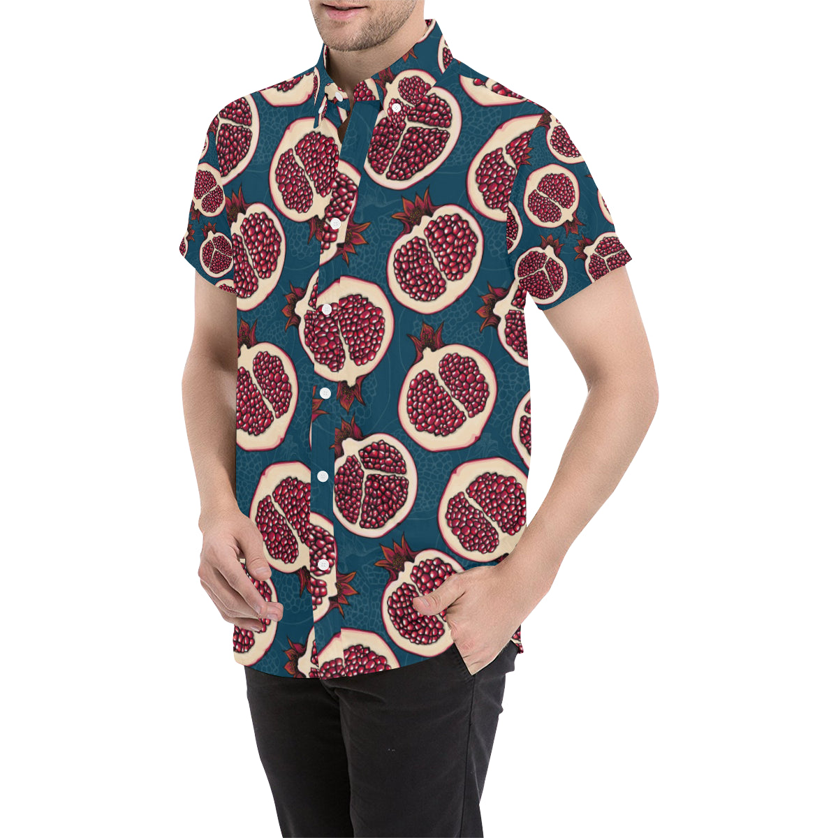 Pomegranate Pattern Print Design PG02 Men's Short Sleeve Button Up Shirt