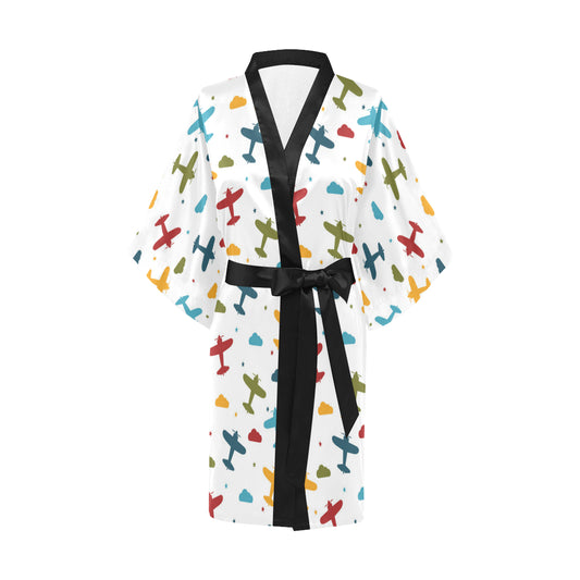 Airplane Pattern Print Design 06 Women's Short Kimono