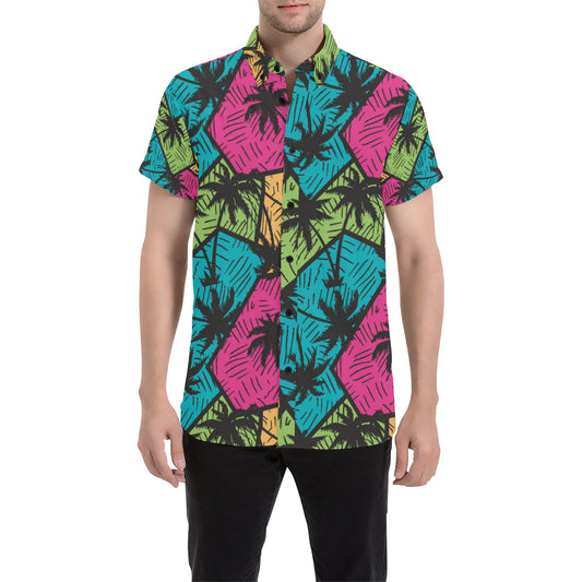 Palm Tree Pattern Print Design PT09 Men's Short Sleeve Button Up Shirt