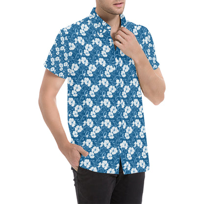 Hibiscus Blue Flower Hawaiian Print Men's Short Sleeve Button Up Shirt