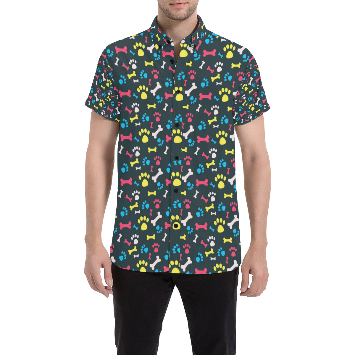 Paw Design Print Men's Short Sleeve Button Up Shirt