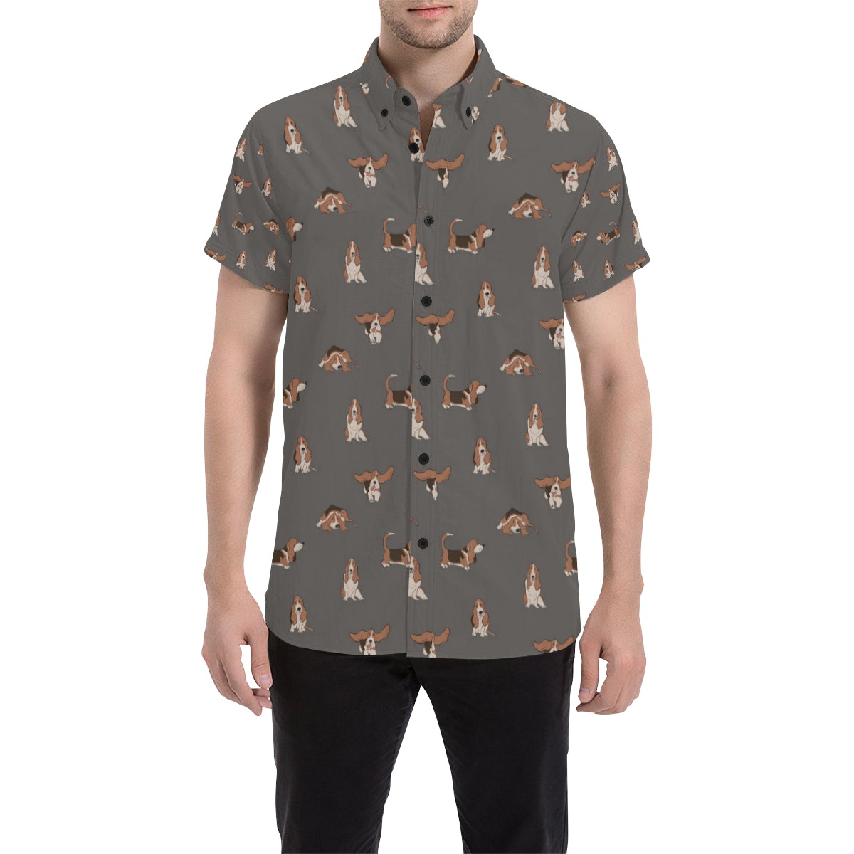 Basset Hound Pattern Print Design 03 Men's Short Sleeve Button Up Shirt