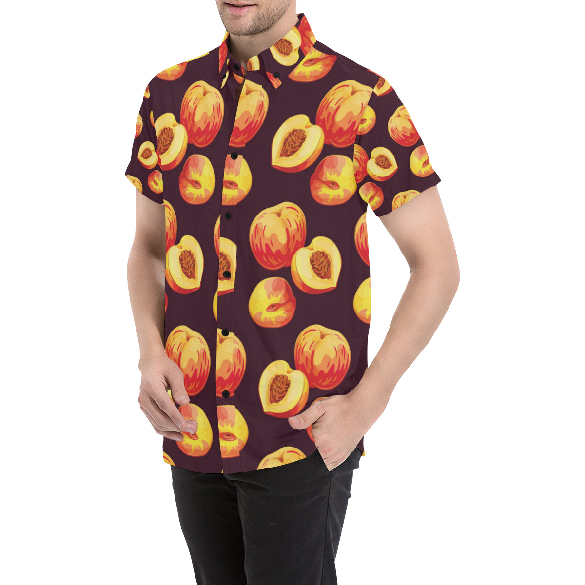 Peach Pattern Print Design A04 Men's Short Sleeve Button Up Shirt