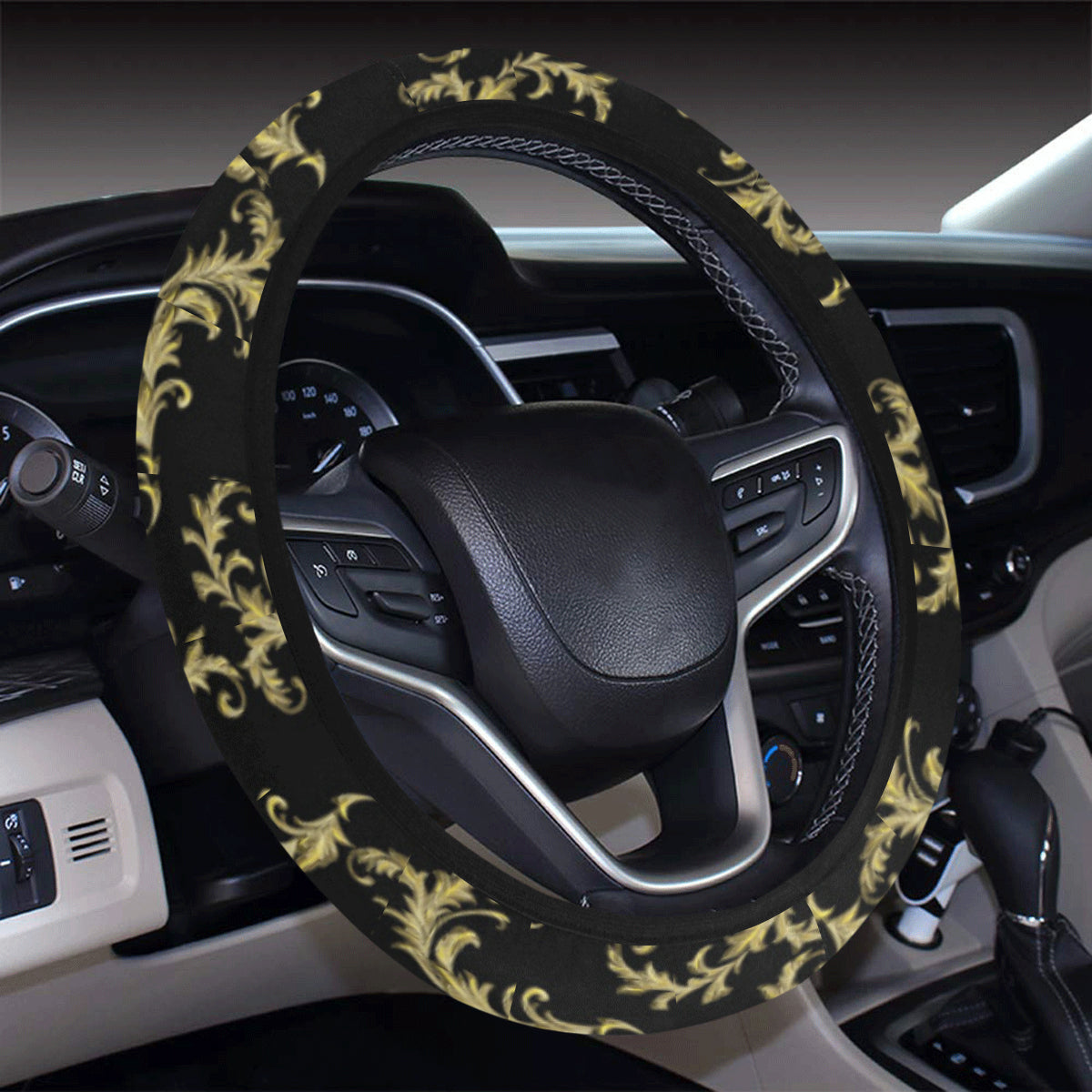 Baroque Golden Pattern Print Design 01 Steering Wheel Cover with Elastic Edge