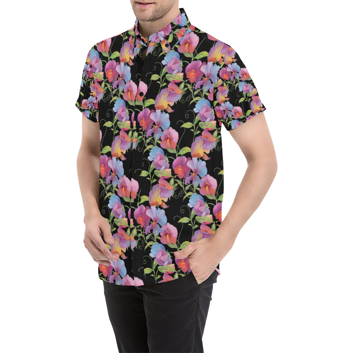 Peony Pattern Print Design PE012 Men's Short Sleeve Button Up Shirt