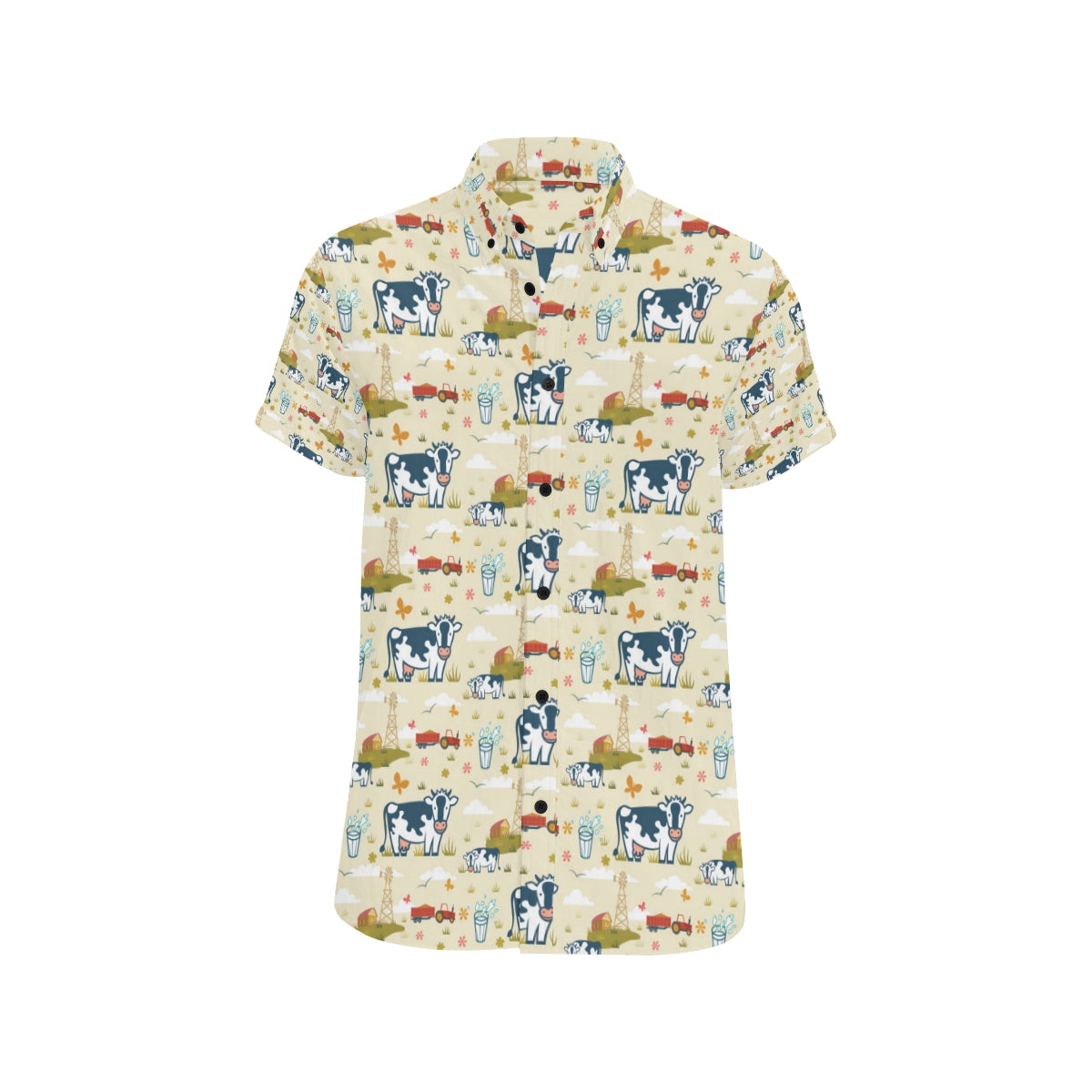 Cow Farm Design Print Men's Short Sleeve Button Up Shirt