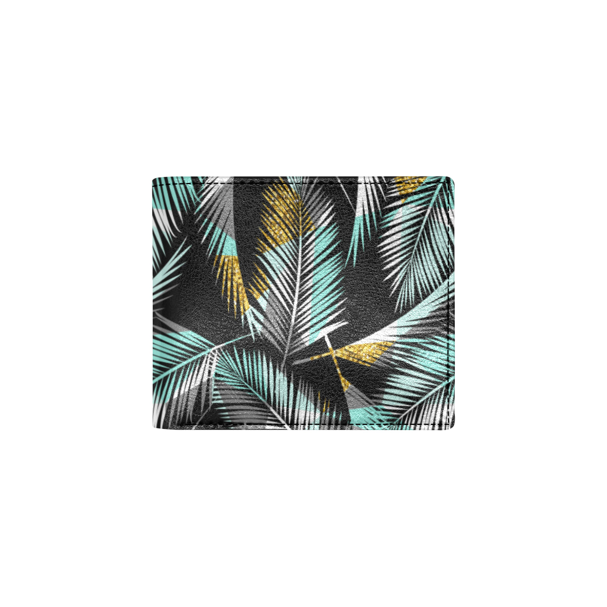 Gold Glitter Cyan Tropical Palm Leaves Men's ID Card Wallet