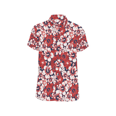 Red Hibiscus Pattern Print Design HB01 Men's Short Sleeve Button Up Shirt