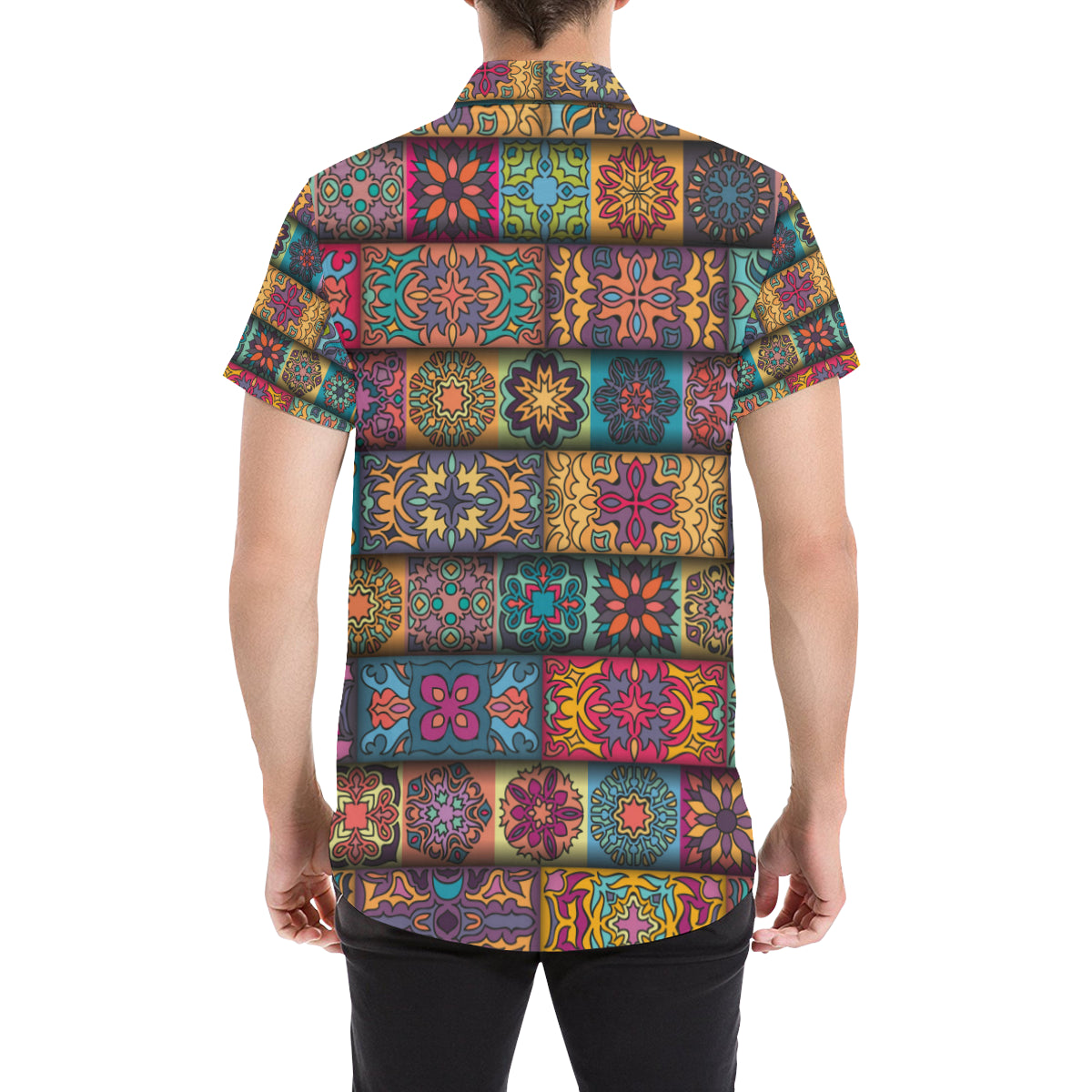 Mandala Style Design Print Men's Short Sleeve Button Up Shirt