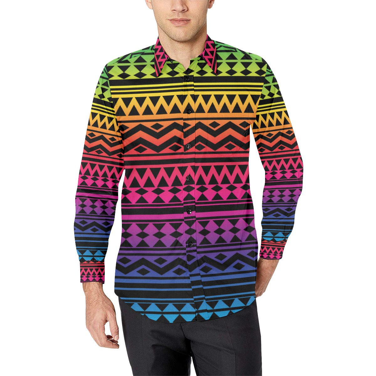 Rainbow Tribal Pattern Print Design A02 Men's Long Sleeve Shirt