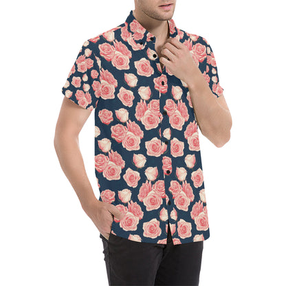 Rose Pattern Print Design A03 Men's Short Sleeve Button Up Shirt