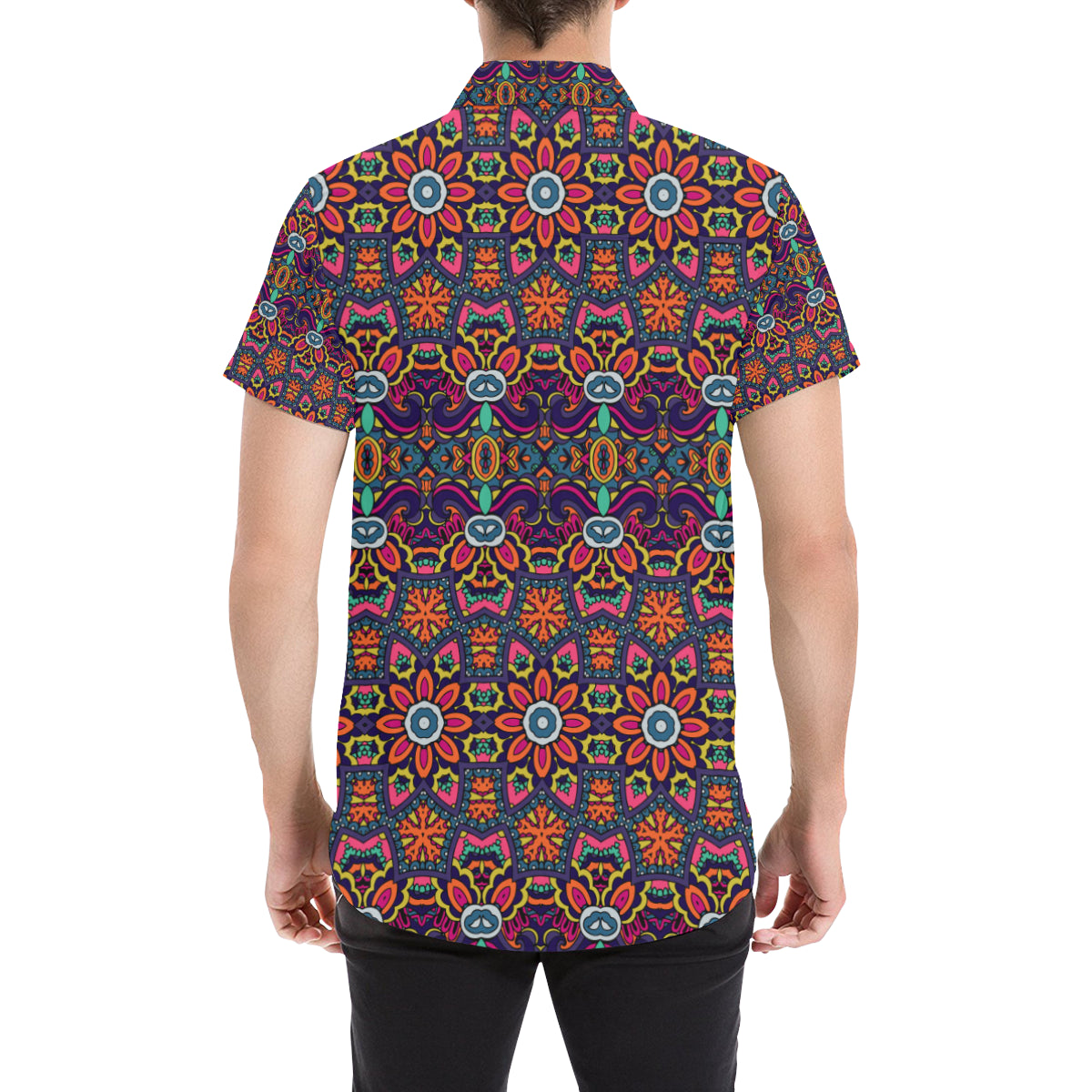 Ethnic Flower Style Print Pattern Men's Short Sleeve Button Up Shirt