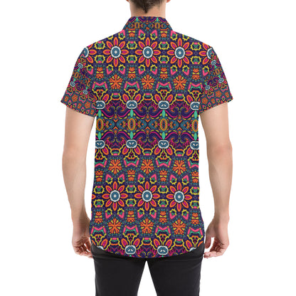 Ethnic Flower Style Print Pattern Men's Short Sleeve Button Up Shirt