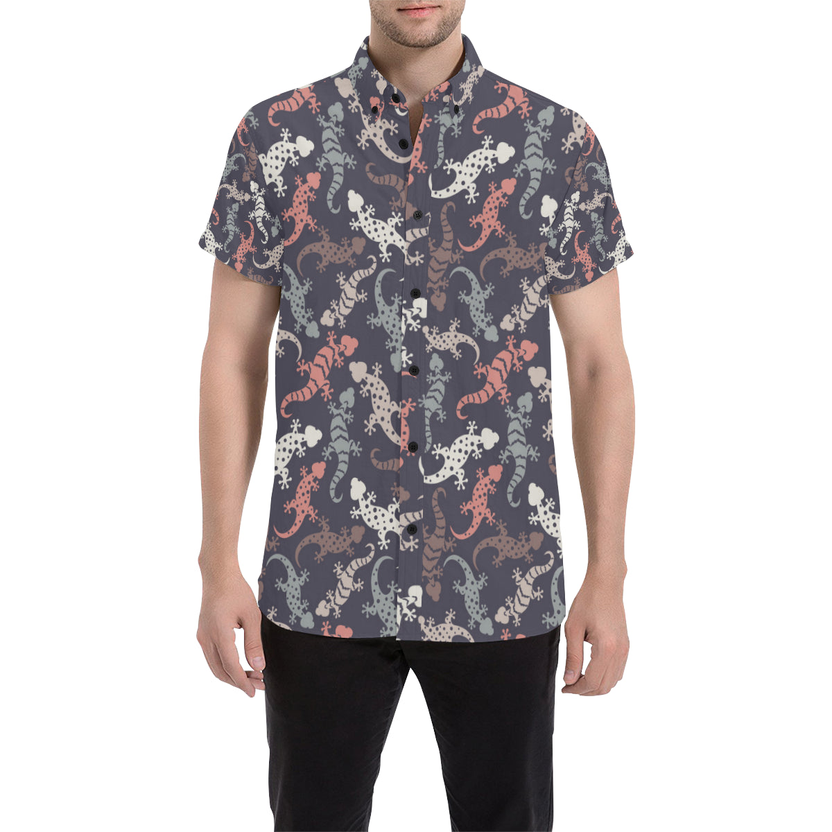 Gecko Pattern Print Design 02 Men's Short Sleeve Button Up Shirt