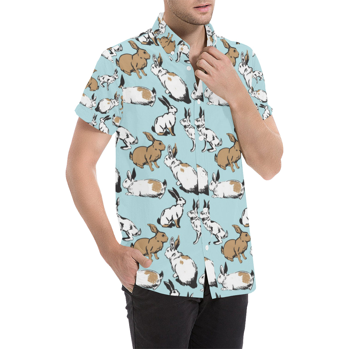 Rabbit Pattern Print Design RB018 Men's Short Sleeve Button Up Shirt