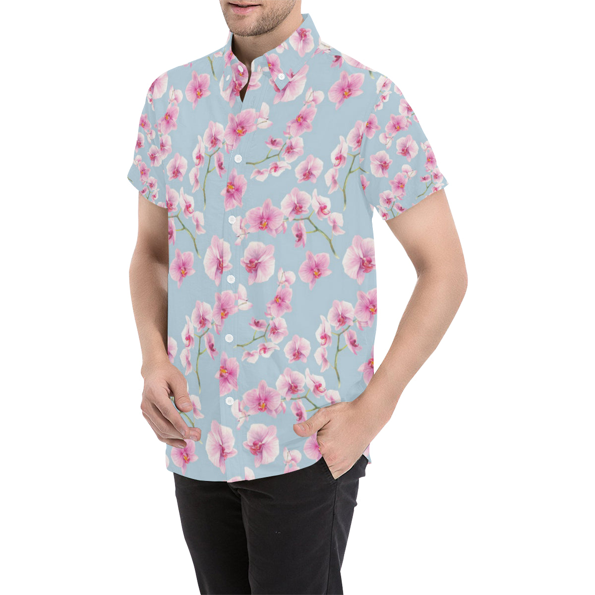 Orchid Pink Pattern Print Design OR01 Men's Short Sleeve Button Up Shirt