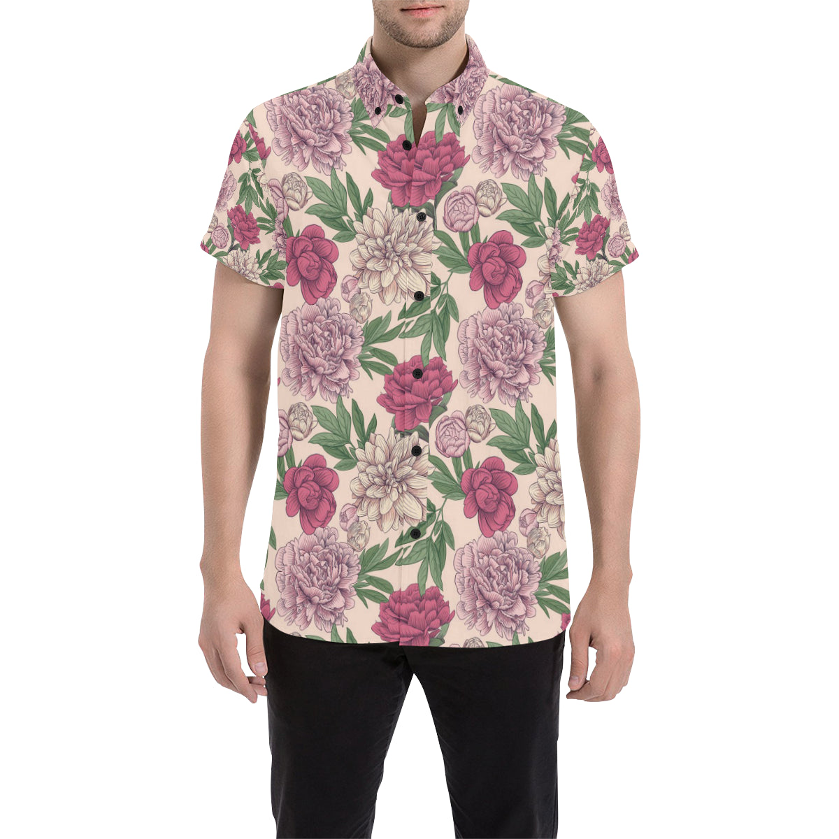 Peony Pattern Print Design A01 Men's Short Sleeve Button Up Shirt