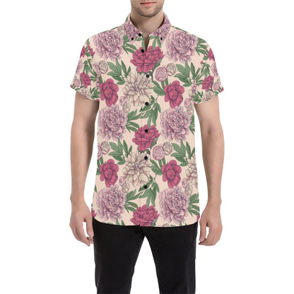 Peony Pattern Print Design A01 Men's Short Sleeve Button Up Shirt