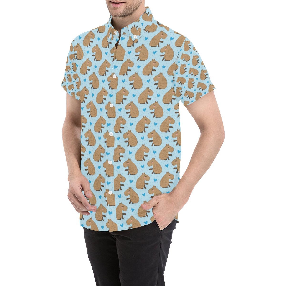 Capybara Pattern Print Design 01 Men's Short Sleeve Button Up Shirt