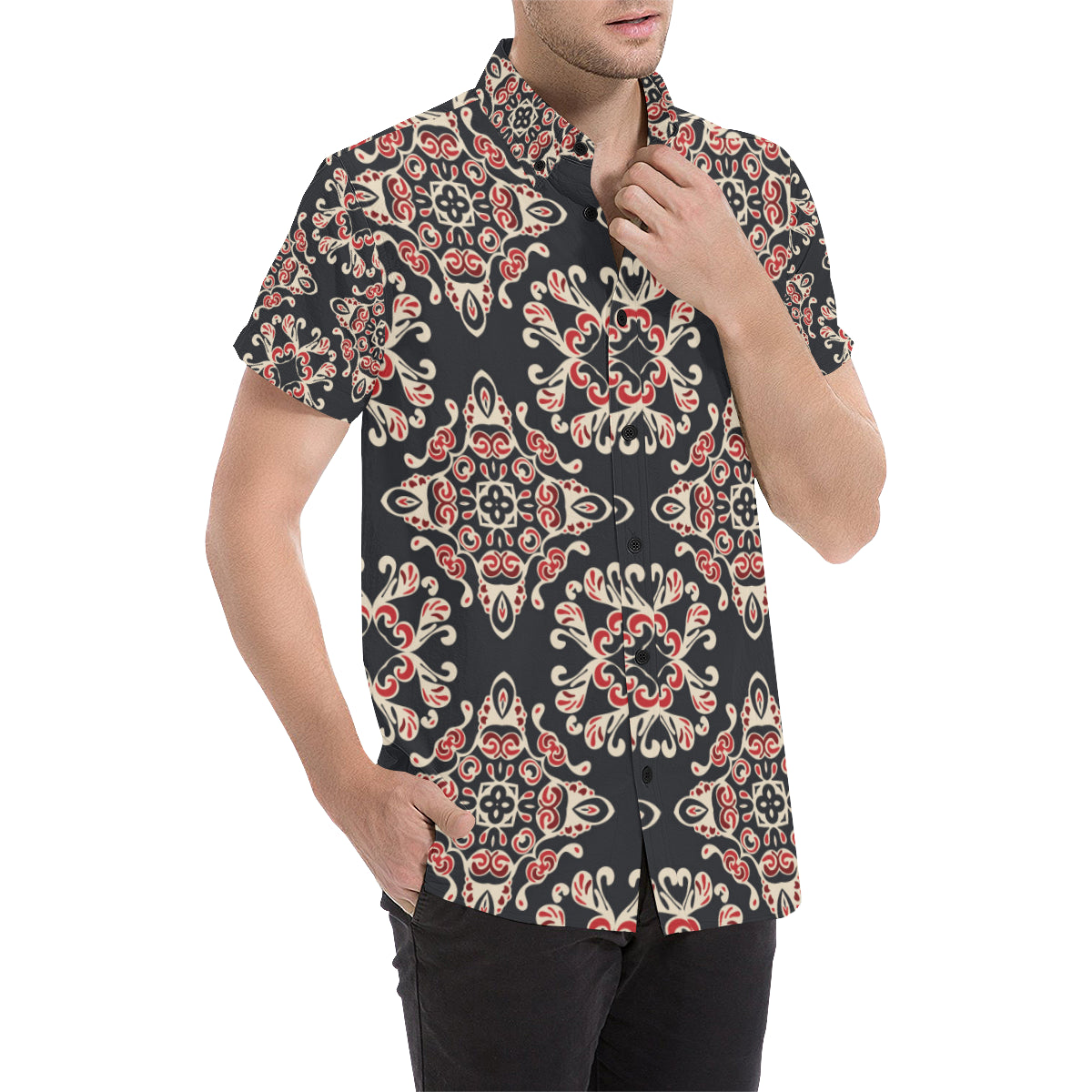 Medallion Pattern Print Design 01 Men's Short Sleeve Button Up Shirt