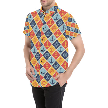 Nautical Pattern Design Themed Print Men's Short Sleeve Button Up Shirt